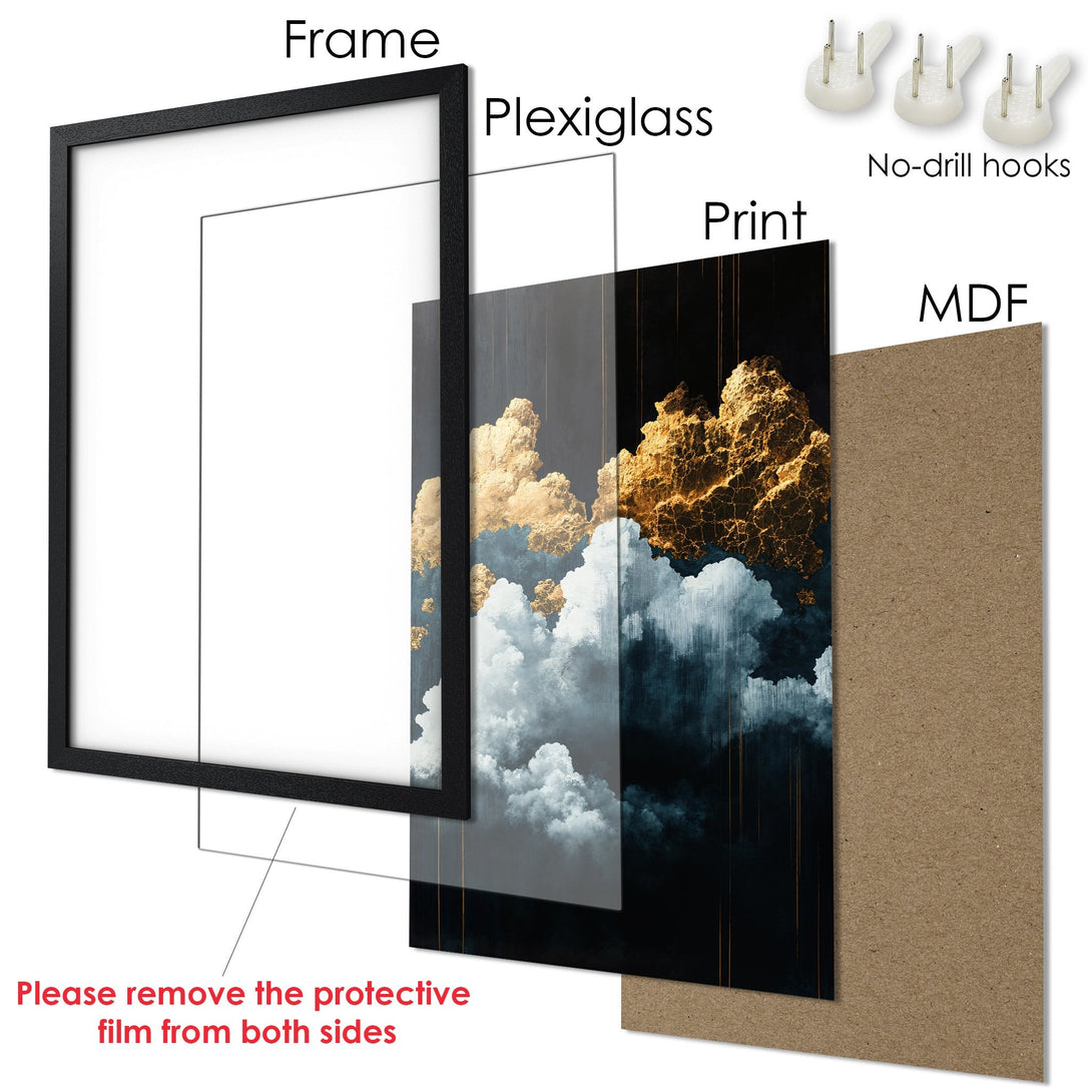 Framed Poster art featuring abstract clouds in gold, blue, and black. Modern style. Ready to hang.