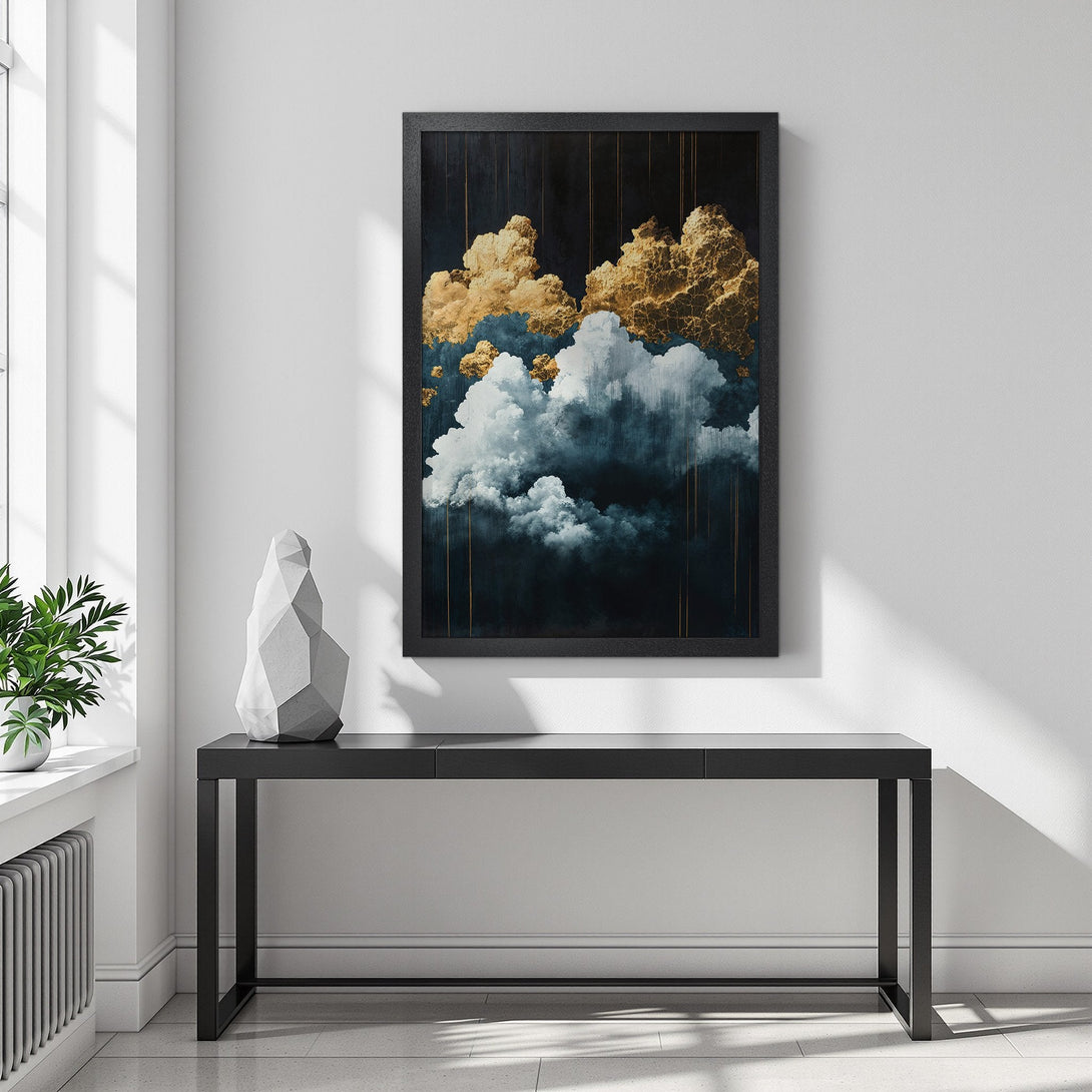 Framed Poster featuring abstract clouds in gold, white, and navy. Modern art print for home decor.