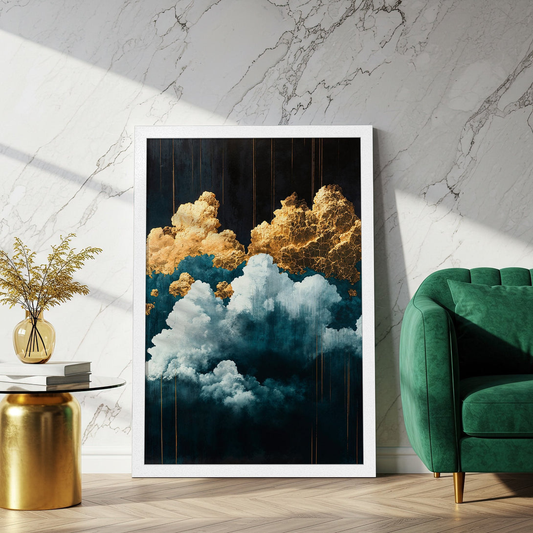 Framed Poster featuring abstract cloud art in teal, gold, and white. Modern style, perfect wall decor.