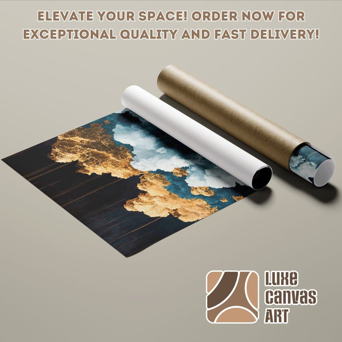Poster Roll featuring abstract art with gold, blue, and black tones. Modern style art print. Elevate your space with Luxe Canvas Art!