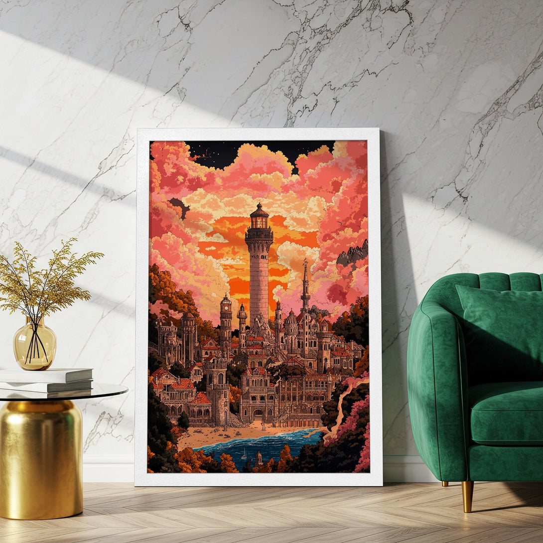Framed Poster featuring a fantasy cityscape with a lighthouse, vibrant sunset colors, and a unique art style. Perfect wall art!
