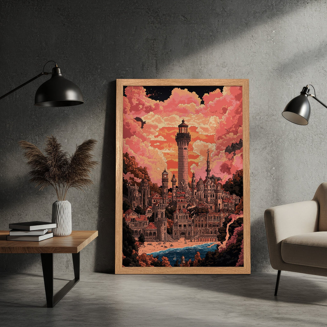 Framed Poster of a fantasy city with a lighthouse, in a vintage style, featuring a warm pink and orange color palette.