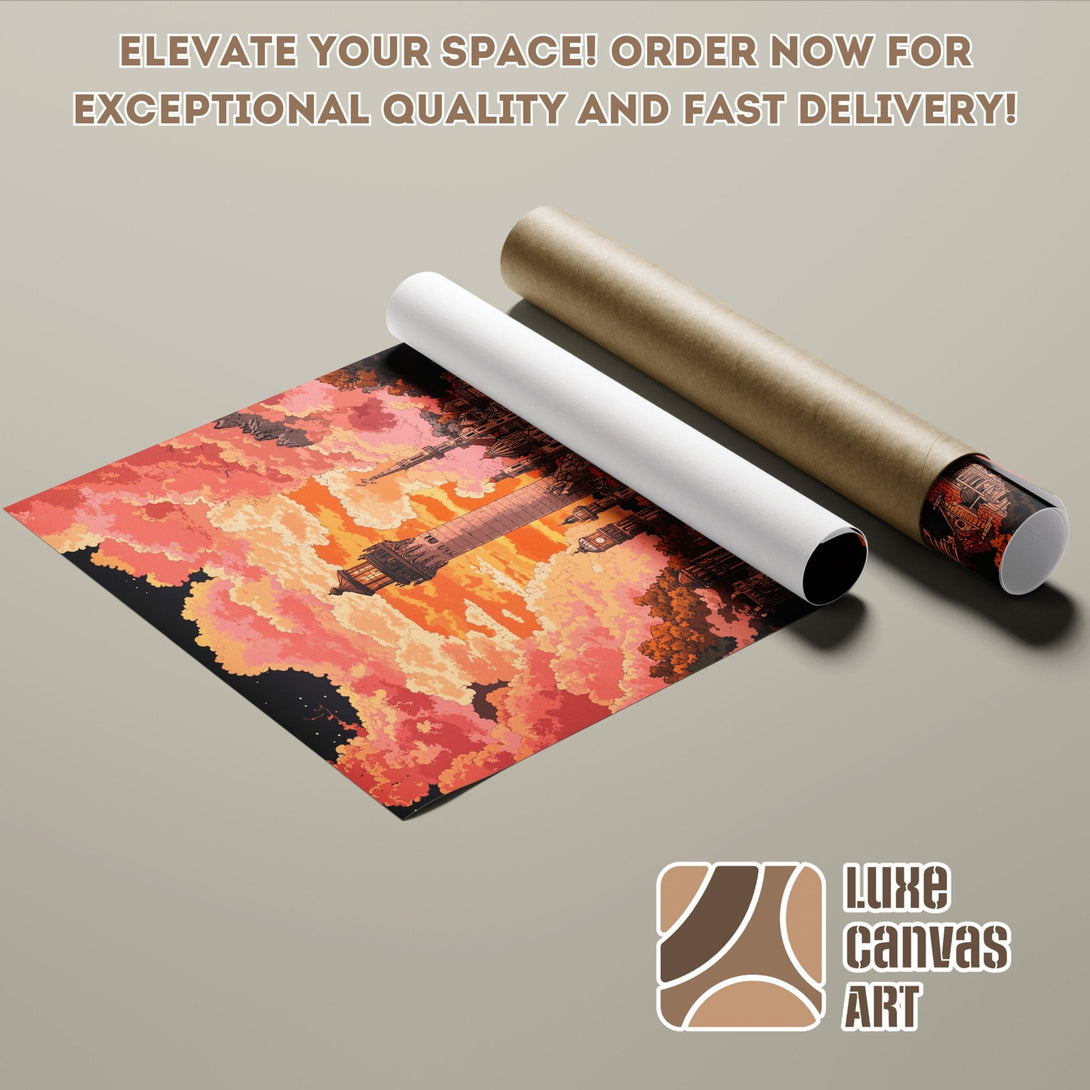 Poster Roll featuring a vibrant, pixelated cityscape with a warm orange and red color palette. Order now!