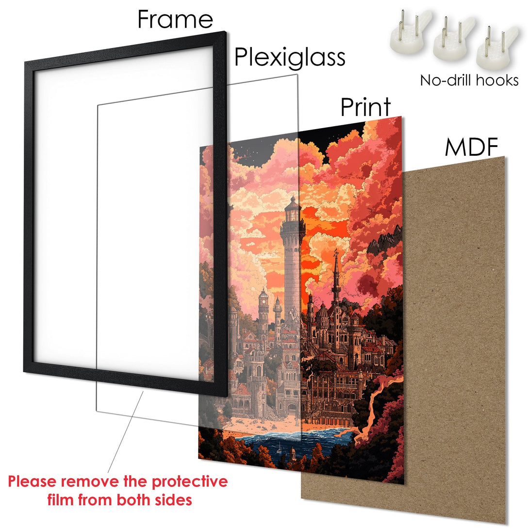 Framed Poster featuring a fantasy cityscape with a warm, sunset color palette. Perfect wall art for any room!