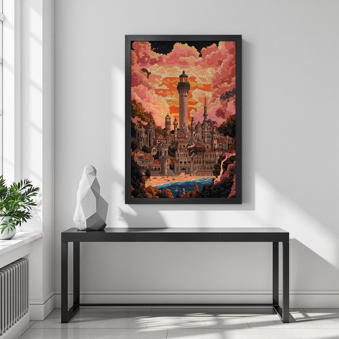 Framed Poster featuring a fantasy city scene with warm sunset colors. Unique art style for home decor.