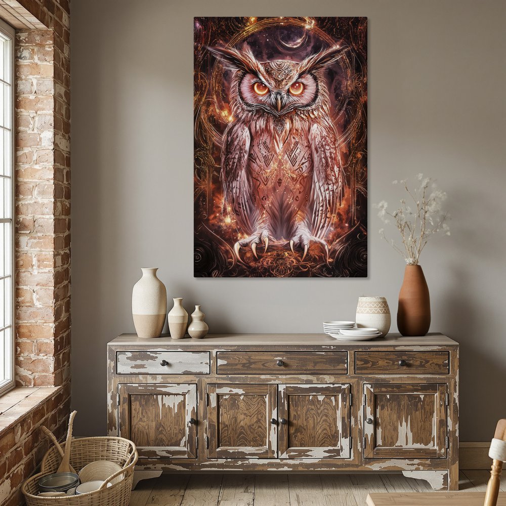 Framed Wall Art: Majestic owl print in warm orange and red hues. Unique, artistic style. Perfect for home decor.
