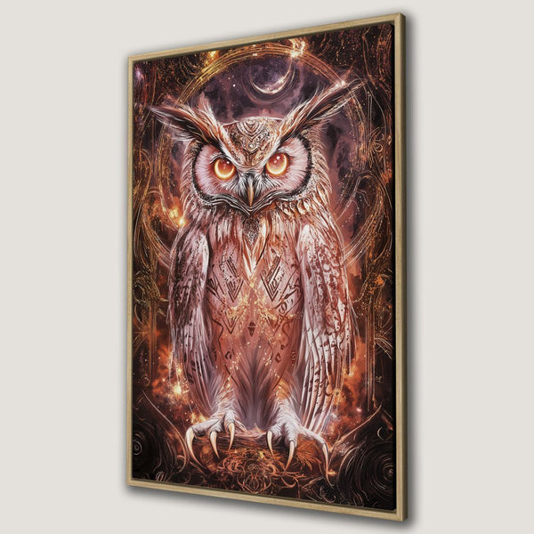 Framed Wall Art: Majestic owl illustration in warm earth tones. Mystical art print for home decor. Shop now!
