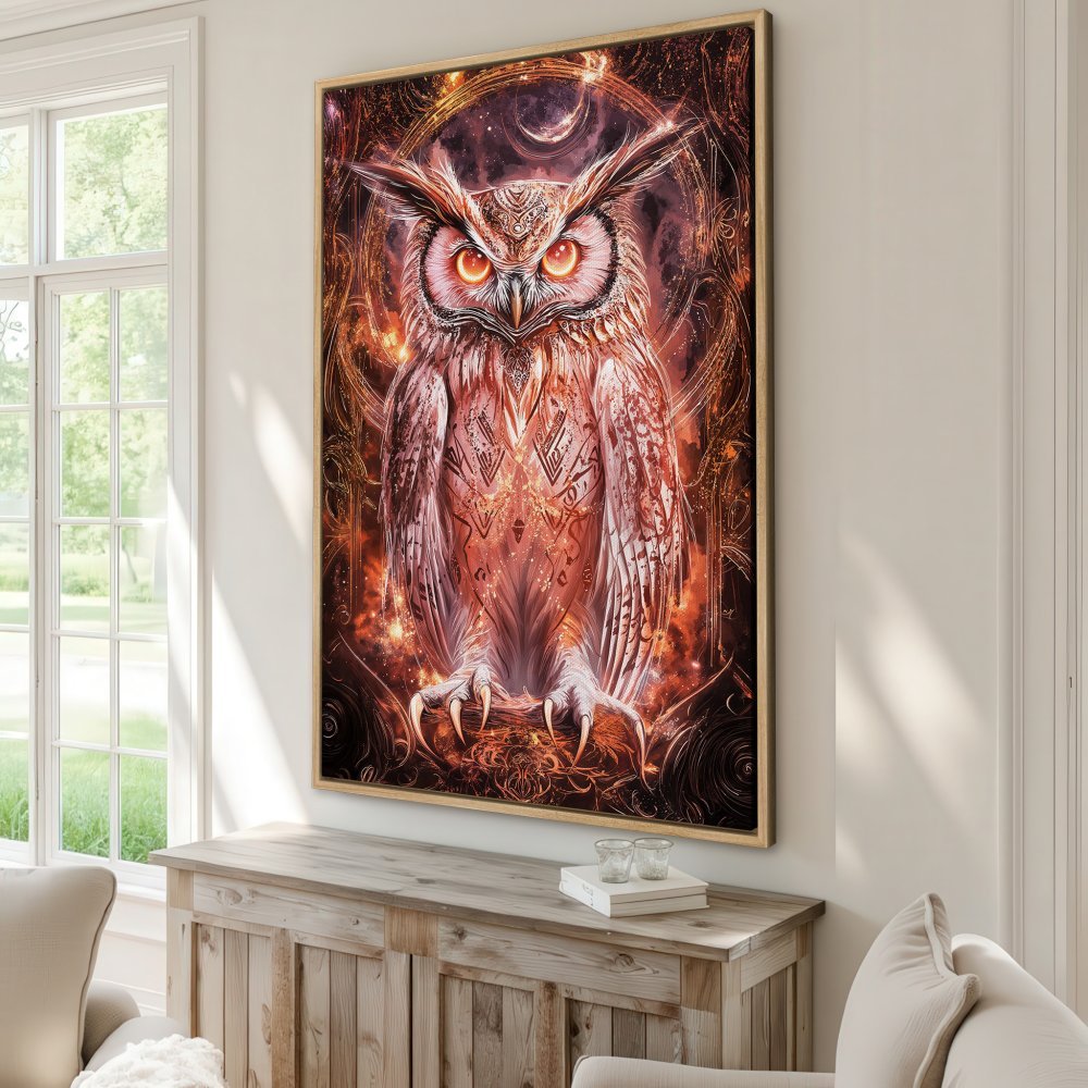 Framed Wall Art: Majestic owl print with fiery orange and brown tones. Transform your space with this captivating, mystical canvas print.