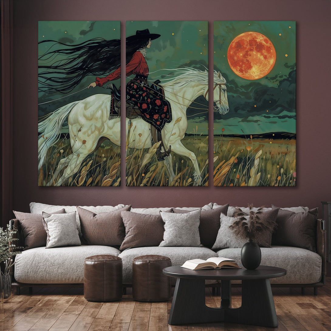 Canvas Print of a woman riding a white horse under a red moon. Artistic style with a teal, red, and gold color palette. Perfect wall art!