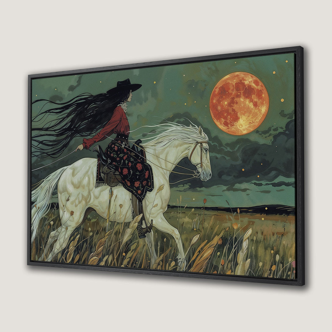 Framed Wall Art: Woman on horseback under a red moon. Artistic style with a moody green, red, and gold color palette. Perfect for your home decor.