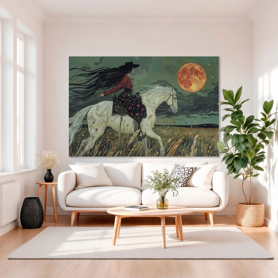 Framed Wall Art: Dramatic artwork of a woman on horseback under a red moon. Features a dark, moody color palette. Perfect for adding art to your home.