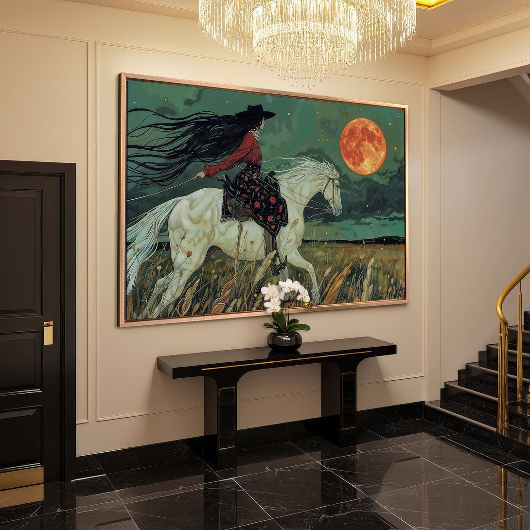Framed Wall Art: Fantasy horse rider canvas print with a red moon, green, and orange color palette. Perfect for modern home decor.