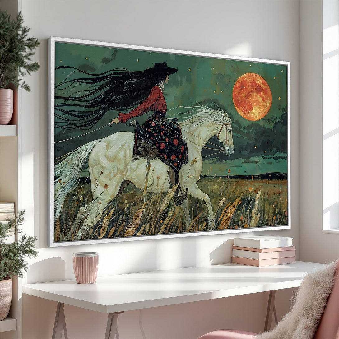 Framed Wall Art: Woman riding white horse under a red moon. Artistic style with green, red, and gold color palette. Perfect for home decor.