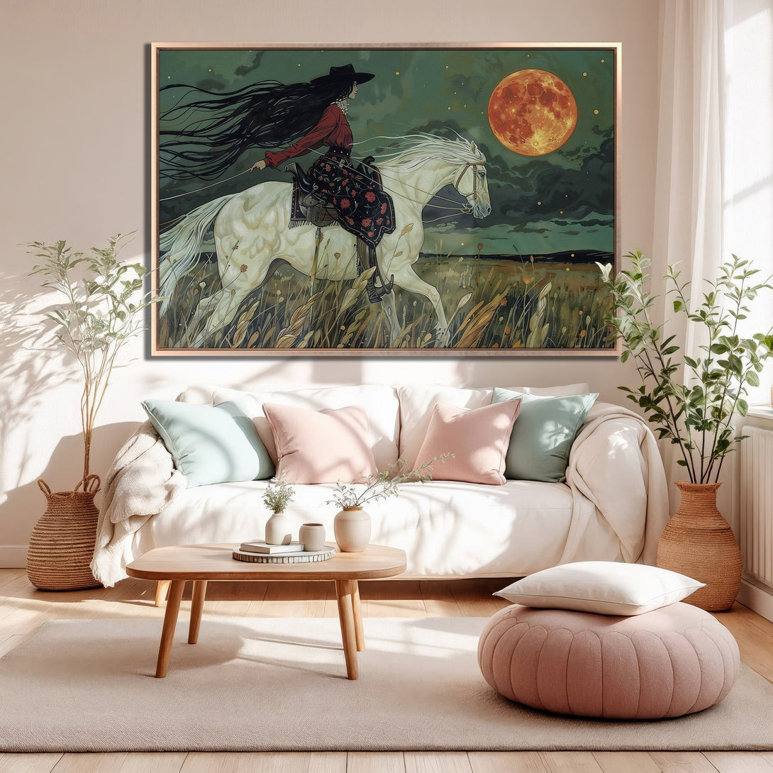 Framed Wall Art: Fantasy illustration of a woman riding a white horse under a full moon. Moody color palette with greens, reds, and golds. Perfect decor!