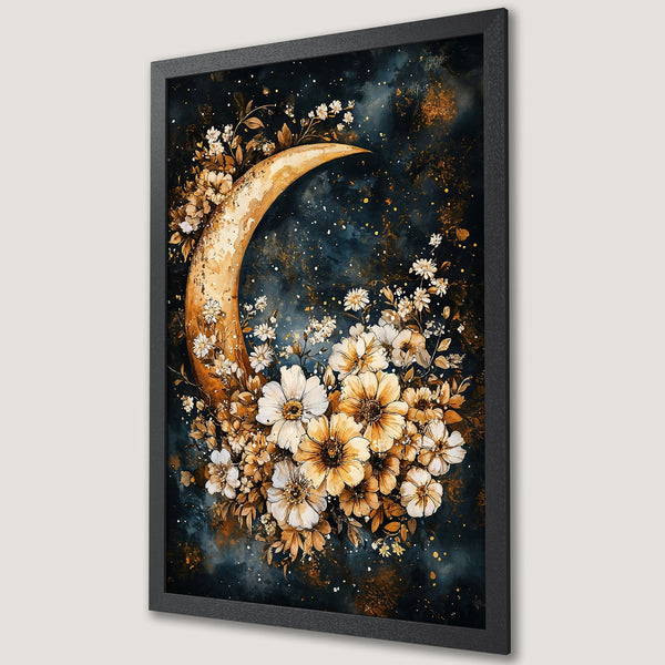 Framed Poster featuring a watercolor-style moon and floral design in a dark blue and gold palette. Perfect wall art!