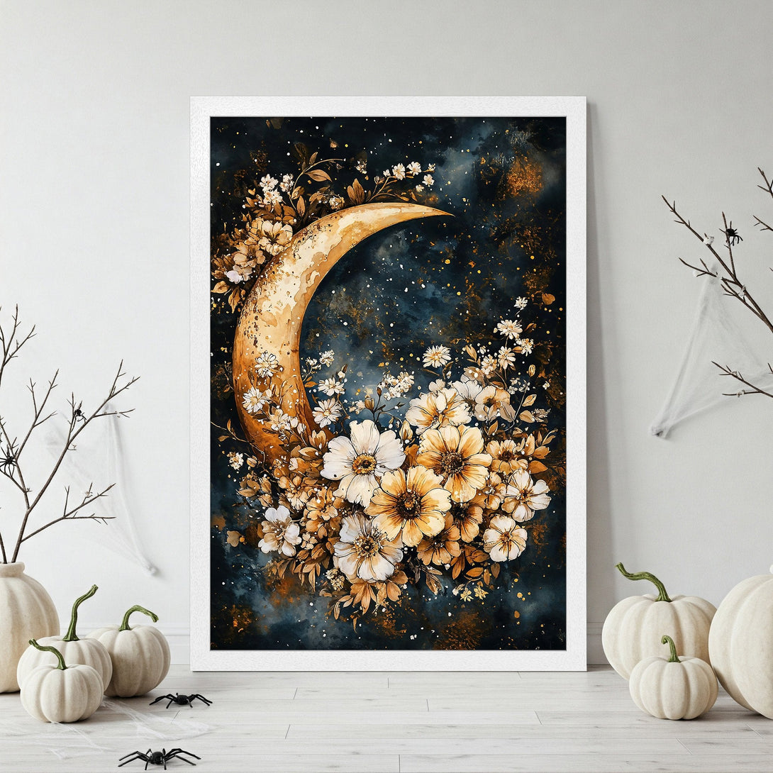 Framed Poster featuring a watercolor crescent moon and floral design. Dark blue, gold, and white color palette. Perfect wall art!