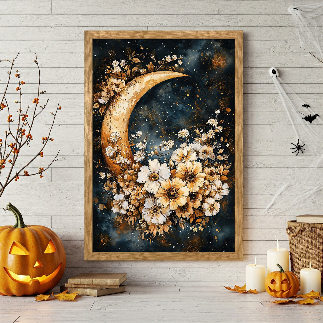Framed Poster: Watercolor moon & floral art print. Dark blue, gold & white palette. Perfect Halloween decor.