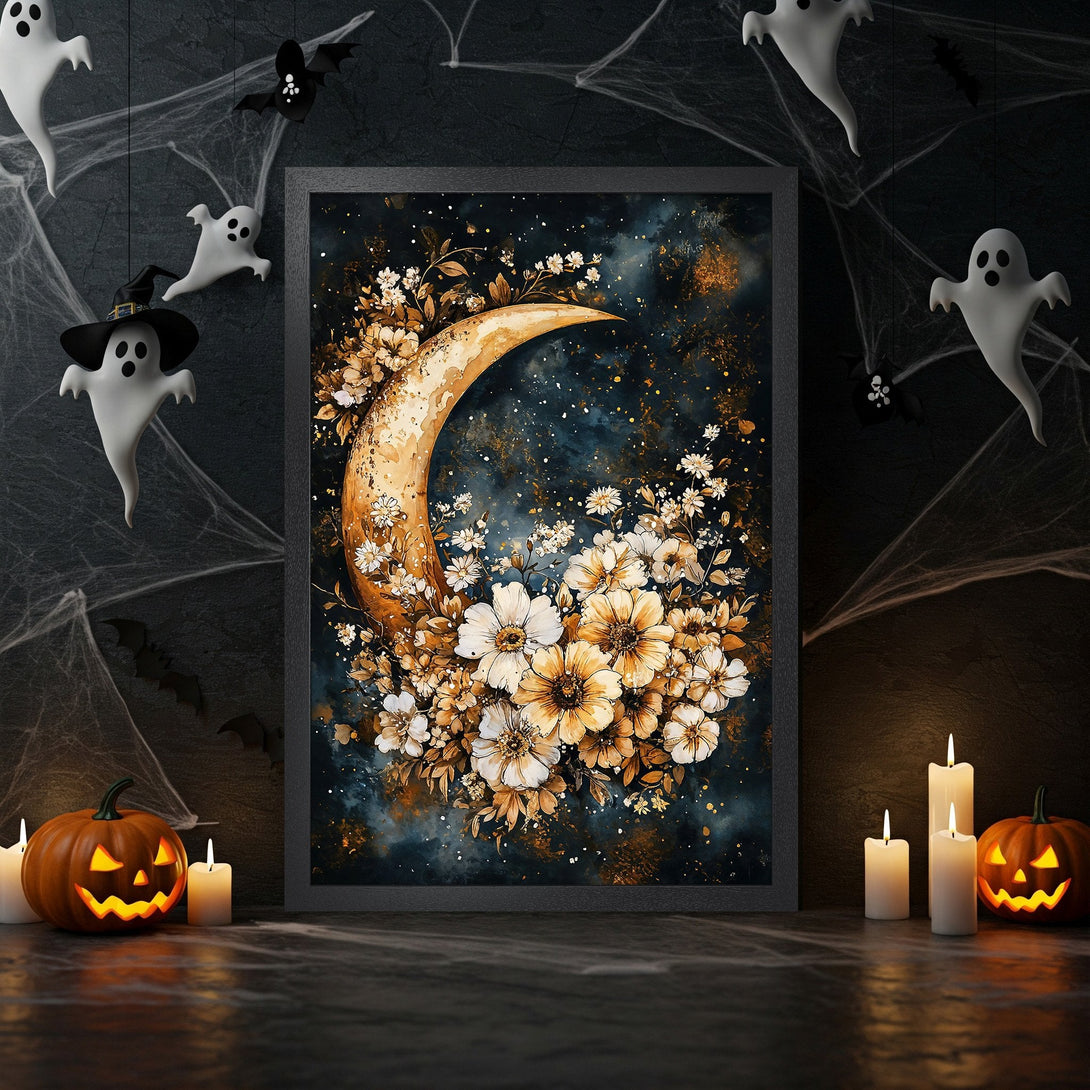 Framed Poster featuring a floral moon design in a dark, moody color palette perfect for Halloween decor.