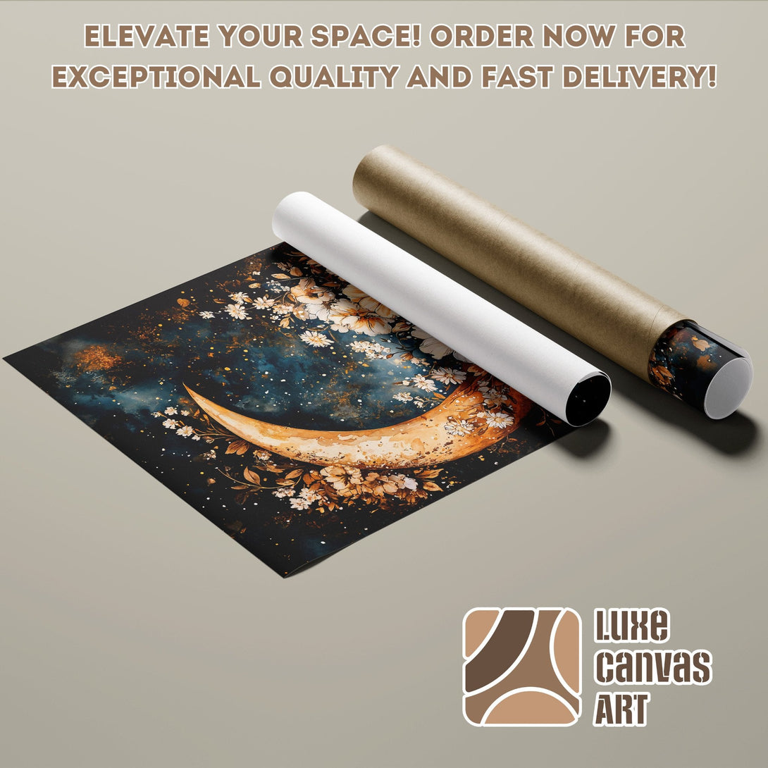 Moon and floral Poster Roll art print, dark blue, gold, and white color palette. Elevate your space!