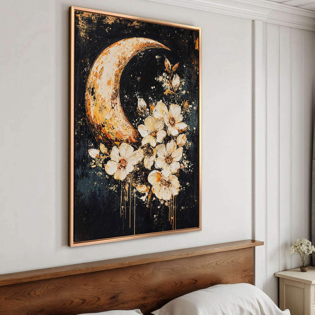 Framed Wall Art featuring a moon and floral design in a dark, moody style with gold and cream accents. Perfect for adding a touch of elegance to your space.