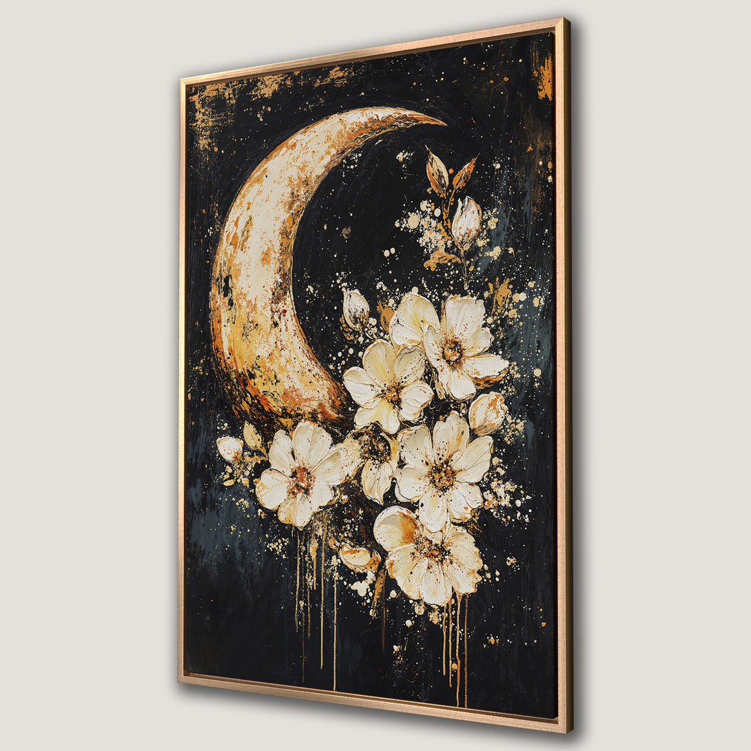 Framed Wall Art featuring a crescent moon and floral design. Abstract style with a black, gold, and white color palette. Perfect for adding elegance to your home.