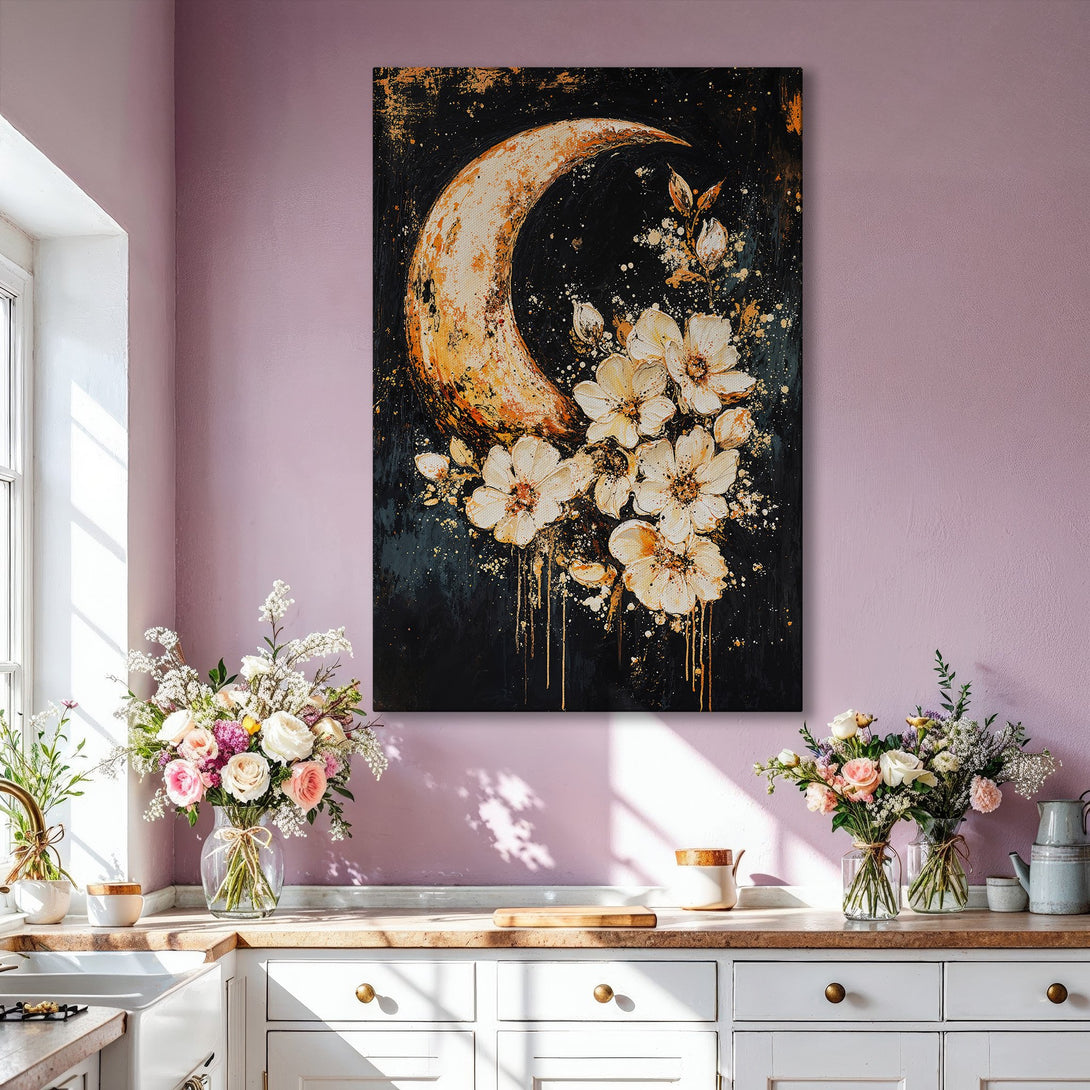 Framed Wall Art featuring a crescent moon and floral design in a modern style. The color palette includes black, gold, and white, perfect for any interior.