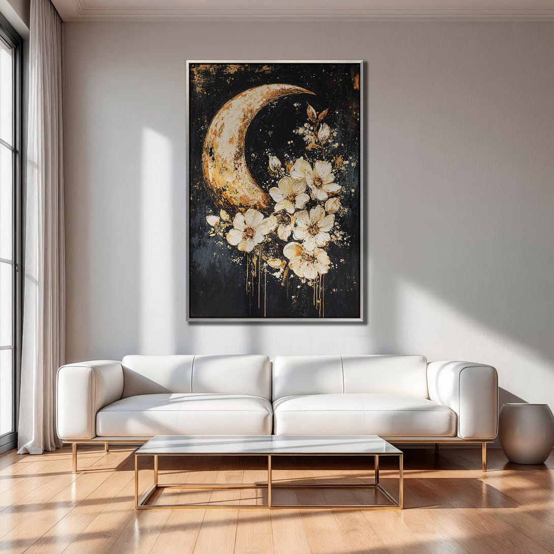 Framed Wall Art: Abstract floral and moon art print in gold, white, and black. Modern canvas art for living room decor.