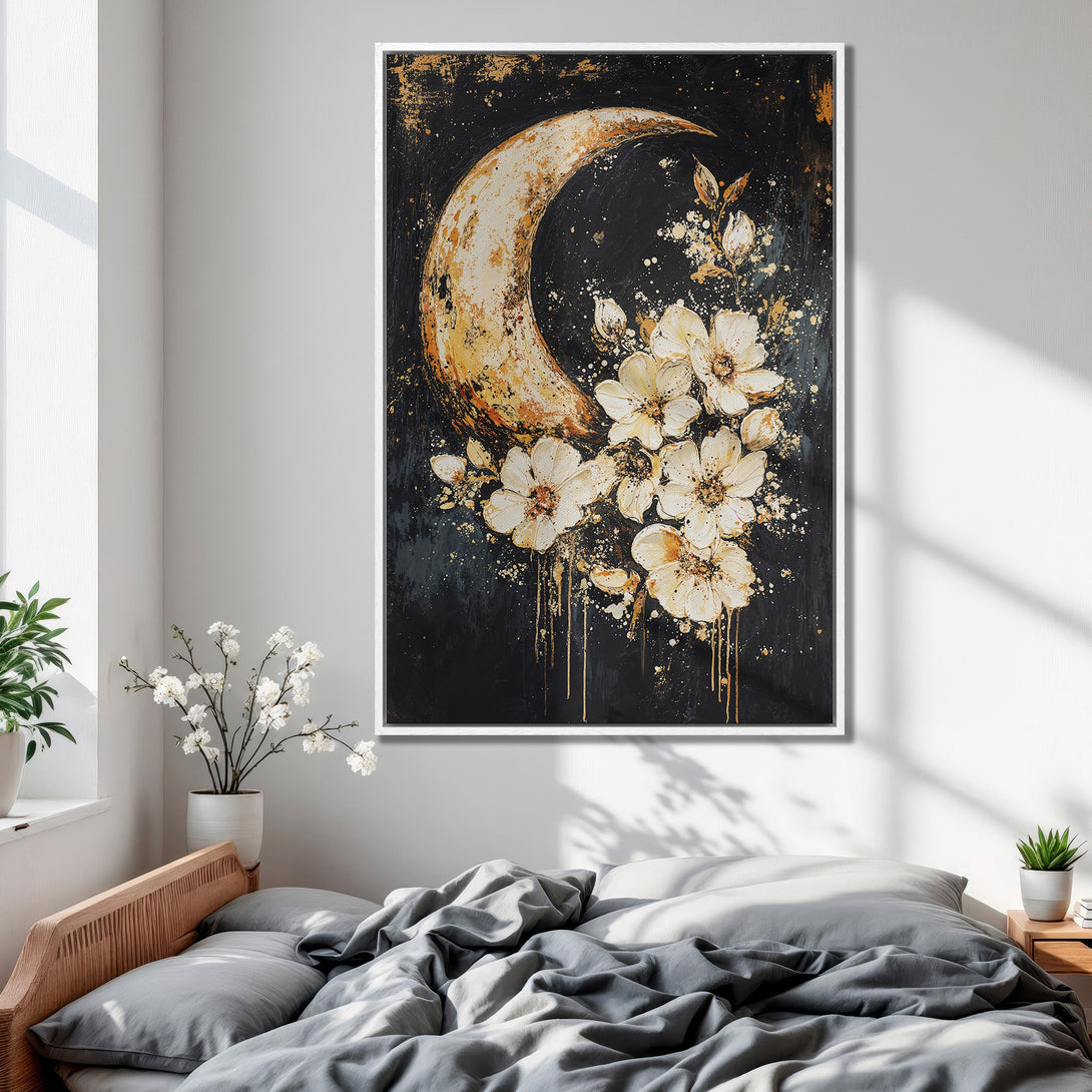 Framed Wall Art: Abstract floral moon art in gold, white, and black. Modern canvas print for bedroom decor. Enhance your space with this stylish artwork.