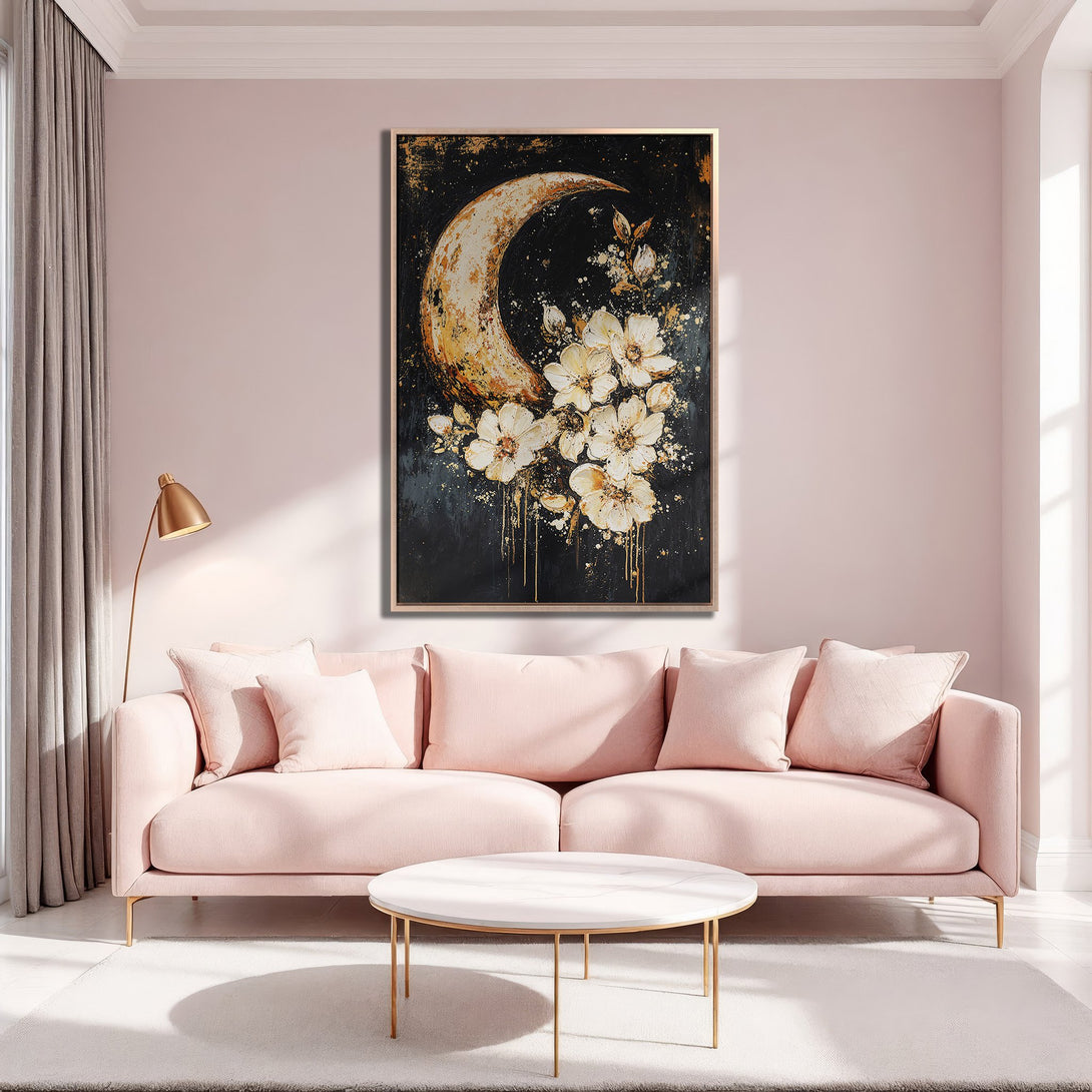Framed Wall Art featuring a moon and floral design, in a modern style. Soft blush and gold color palette, perfect for living room decor.