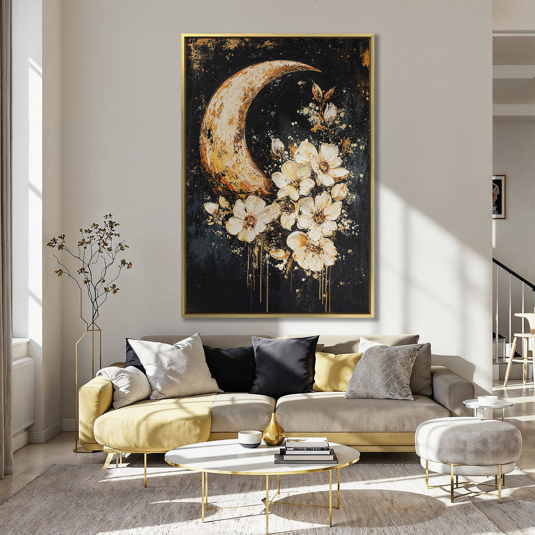 Canvas Print of a moon and floral abstract art in gold and white on black, displayed in a kitchen with a pink wall.