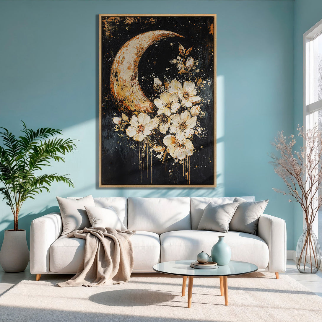 Framed Wall Art featuring a moon and floral design, perfect for modern decor. Black, gold, and white color palette adds elegance to any room.