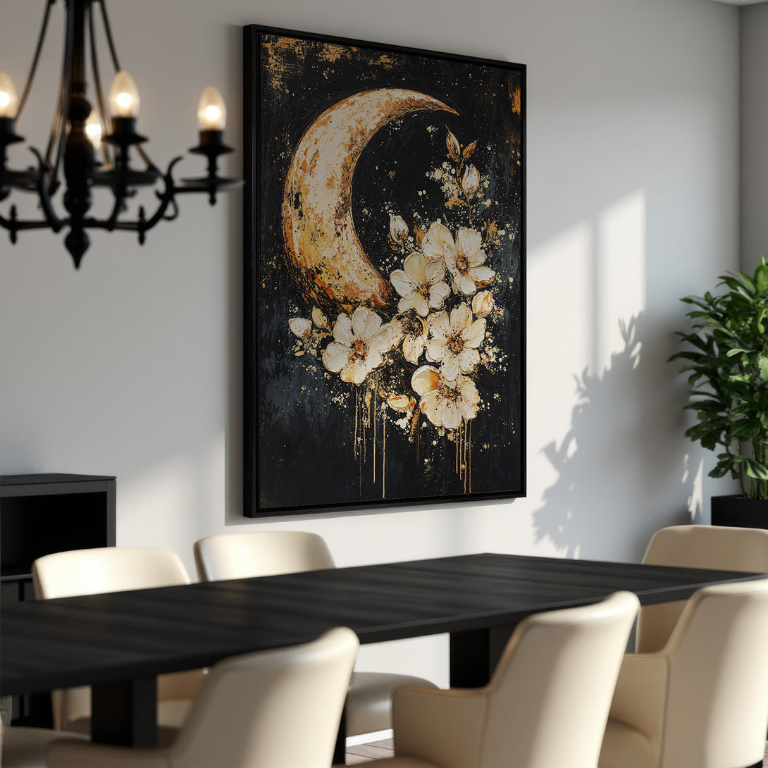 Framed Wall Art featuring a crescent moon and floral design in a dark, abstract style with gold and white accents. Perfect for modern home decor.