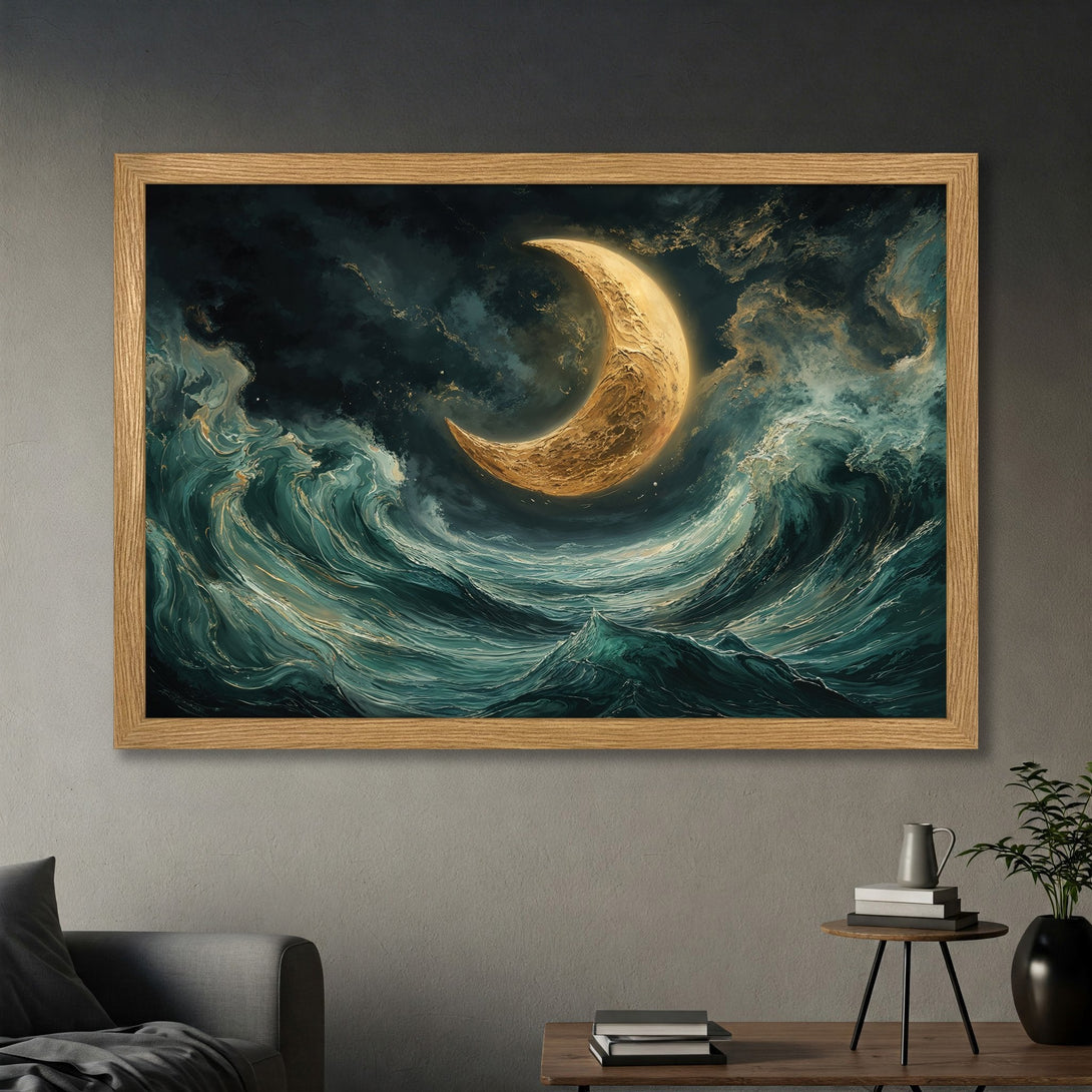 Framed Poster featuring a golden moon over teal waves, artistic style, dark & gold color palette. Add celestial vibes to your space!