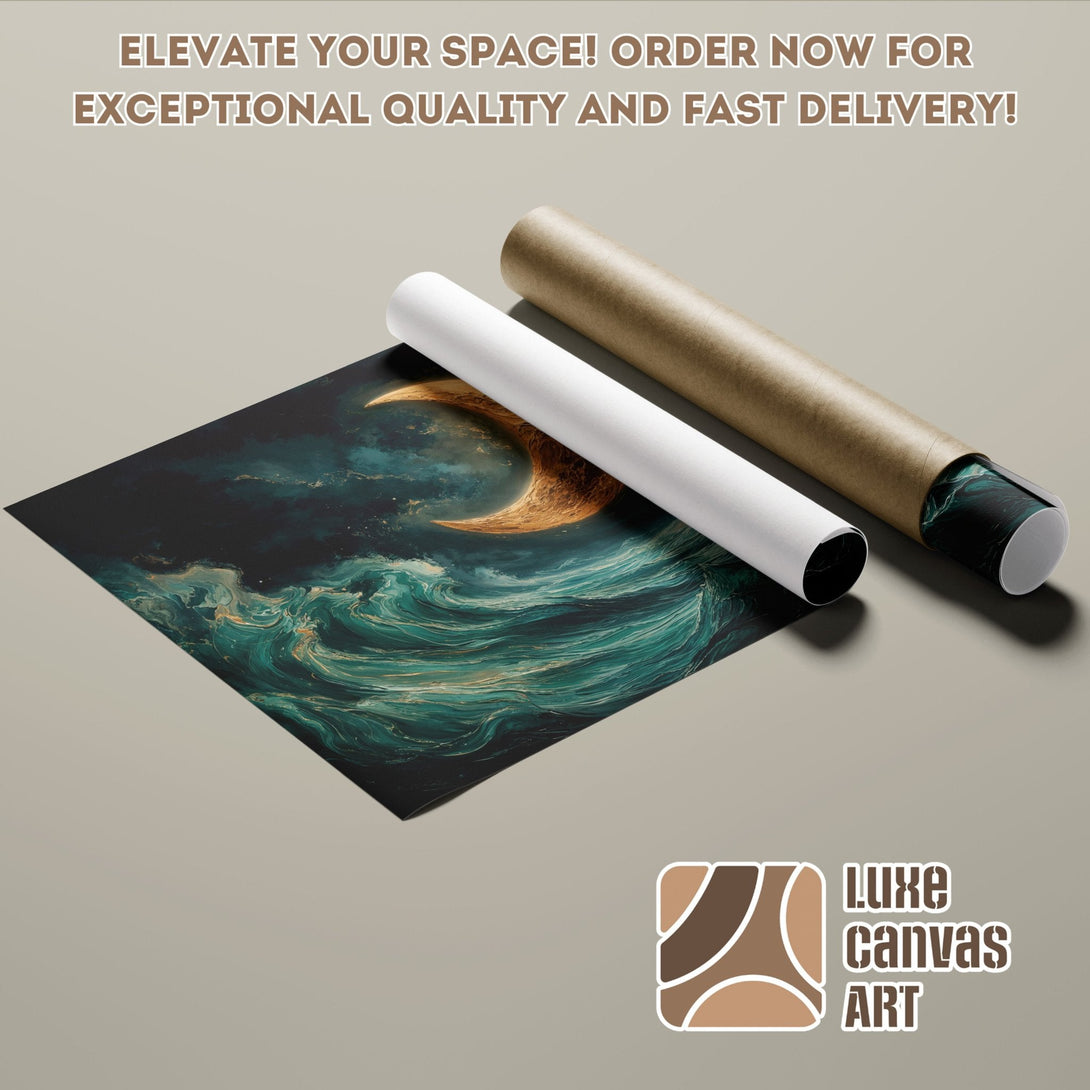 Abstract moon and ocean Poster Roll art in teal and gold tones. Elevate your space!