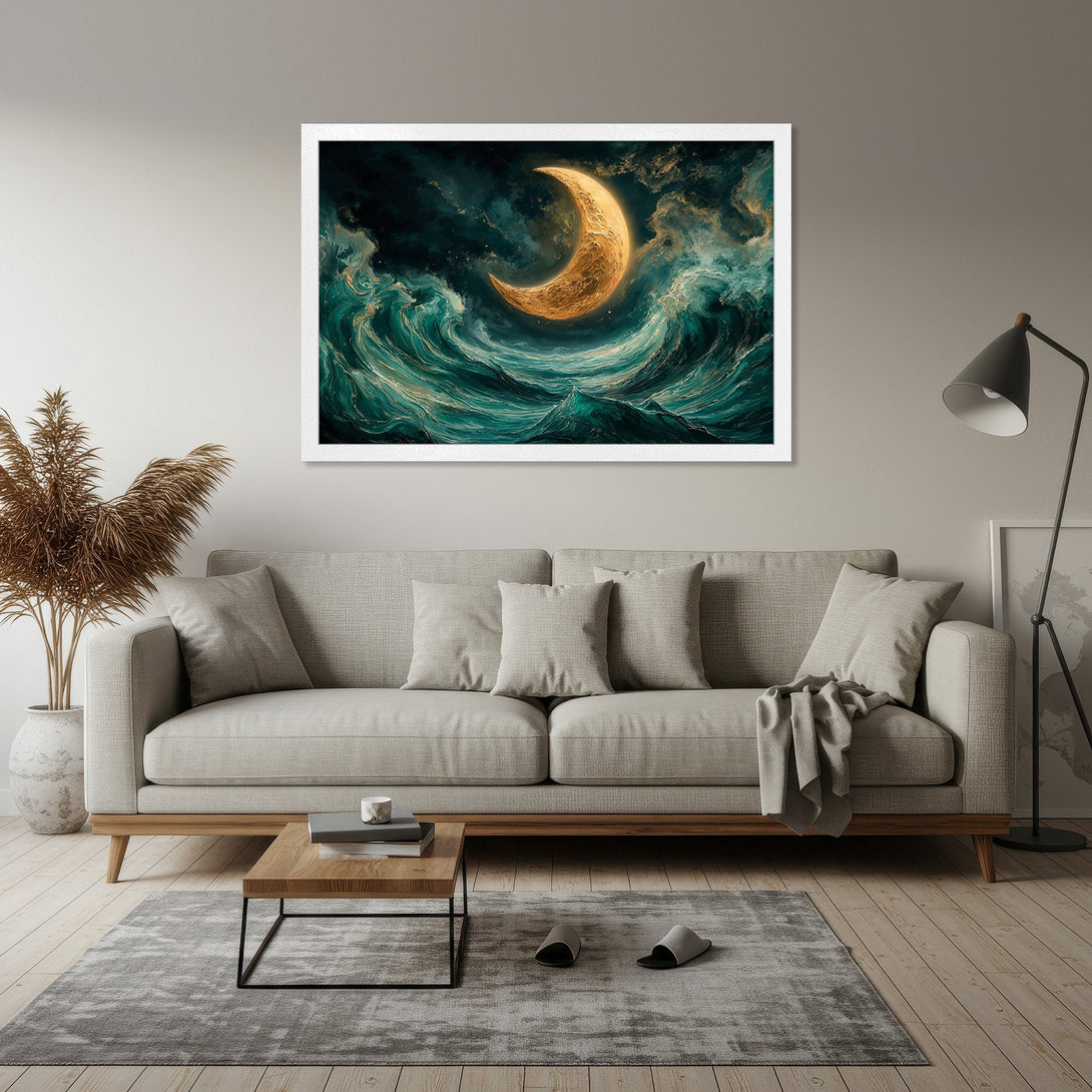 Framed Poster of a golden moon over ocean waves, artistic style, teal & gold color palette, perfect wall art.