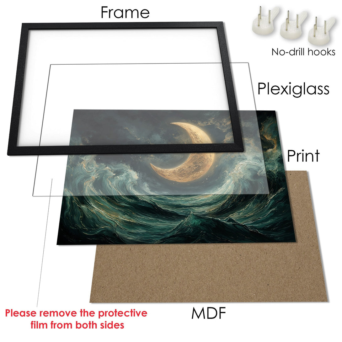 Framed Poster featuring a celestial moon over ocean waves, in a dark teal and gold color palette. Perfect wall art!
