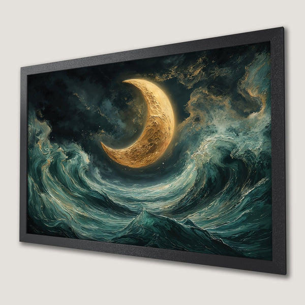 Framed Poster: Crescent moon over ocean waves, dark teal & gold art print. Add a touch of magic to your space!