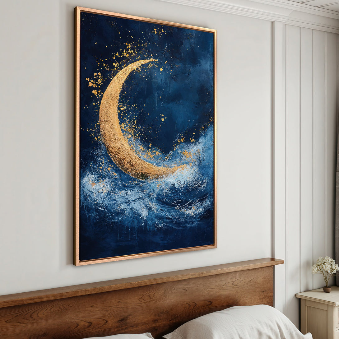 Framed Wall Art: Abstract moon art in blue & gold hues. Enhance your space with this stunning canvas print, perfect for modern decor.
