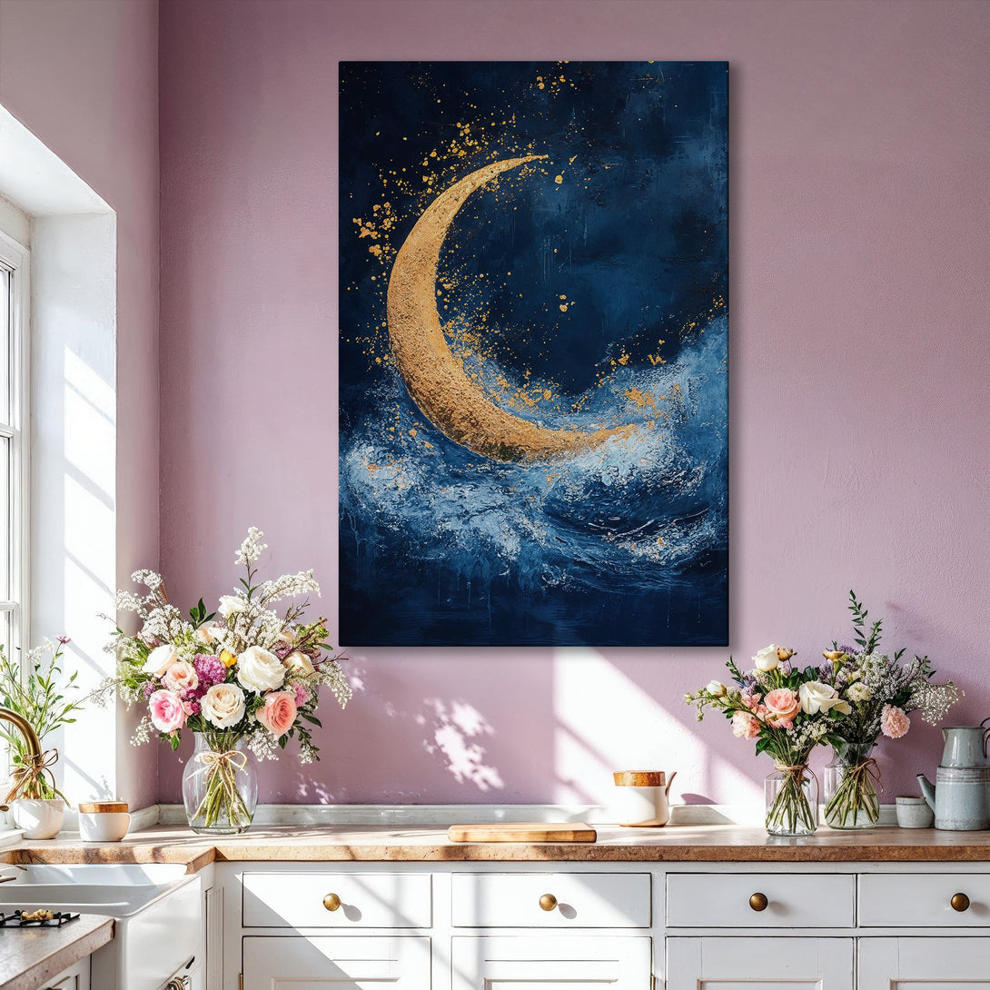Framed Wall Art: Abstract moon art in gold and blue, perfect for modern decor. Enhance your living room with this stunning canvas print.