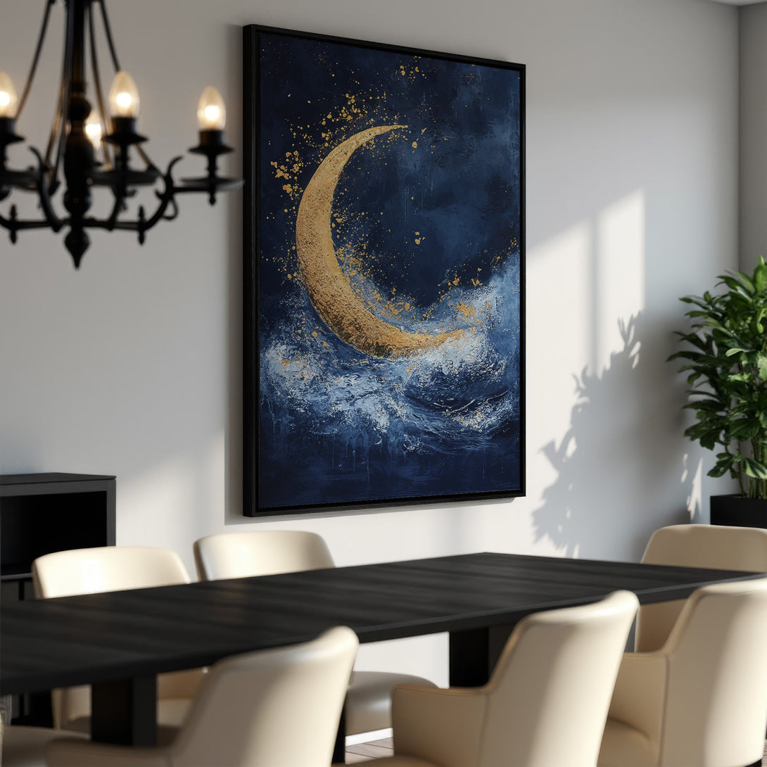 Framed Wall Art of a gold crescent moon over a blue ocean, abstract style. Perfect for adding a touch of elegance to your dining room!