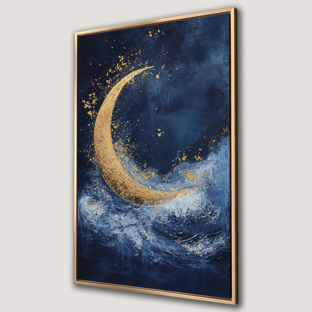 Framed Wall Art: Abstract moon art in navy blue and gold. Modern canvas print for a stylish home. Shop now for unique wall decor!