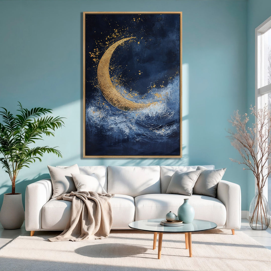 Framed Wall Art: Abstract moon art in blue & gold. Modern canvas print adds a touch of elegance to any space. Shop now!