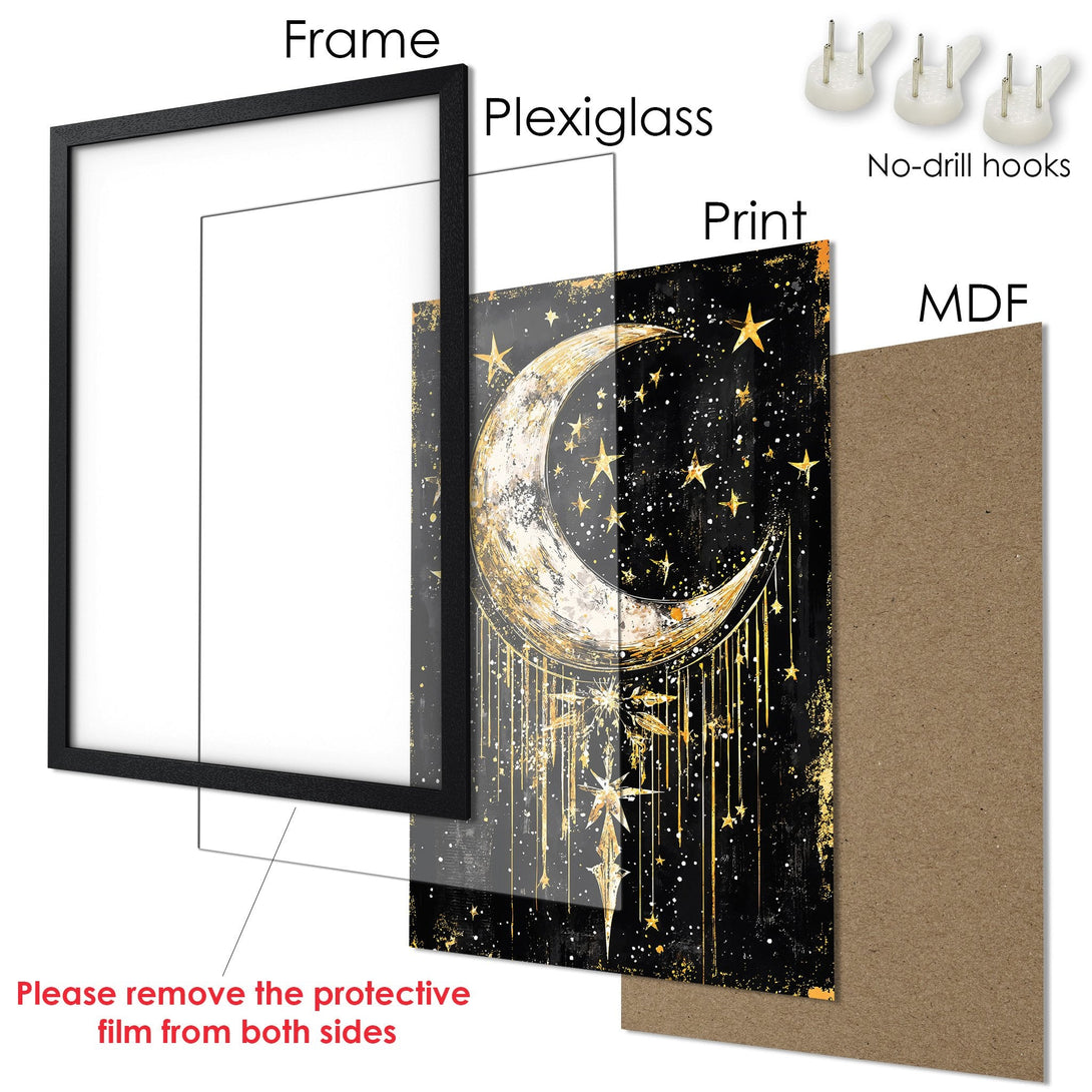 Framed Poster featuring a celestial design with a moon and stars in gold on black. Modern art style, perfect for home decor.