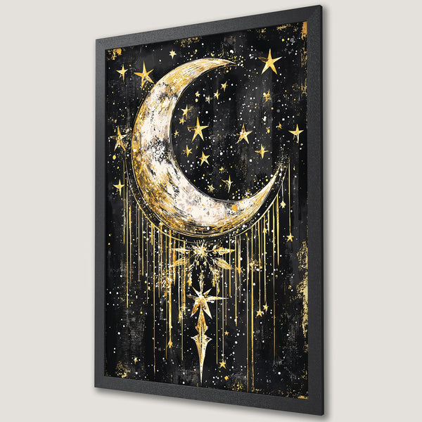 Framed Poster: Celestial moon and stars art print in gold and black. Perfect for adding a touch of magic to your home decor.