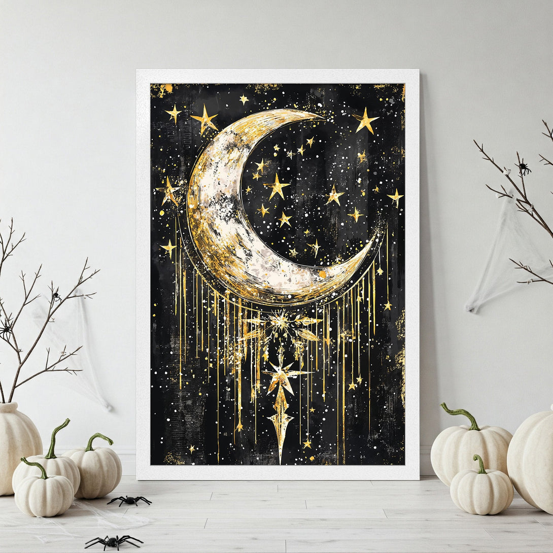 Framed Poster featuring a celestial moon and stars design in gold and black, perfect for adding a touch of magic to your space.