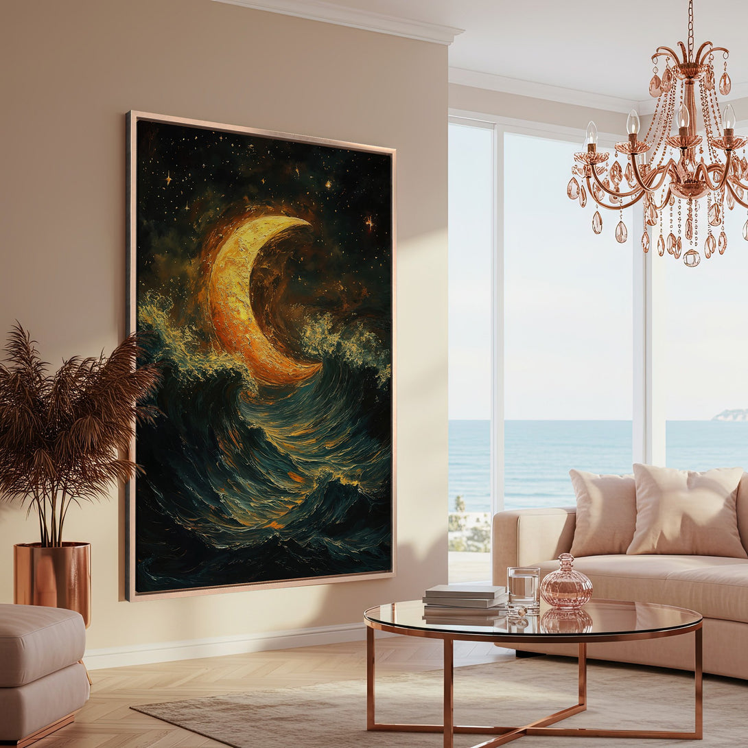 Framed Wall Art: Abstract moon over ocean in dark teal, gold, and orange tones. Perfect for adding a touch of coastal elegance to your living room.