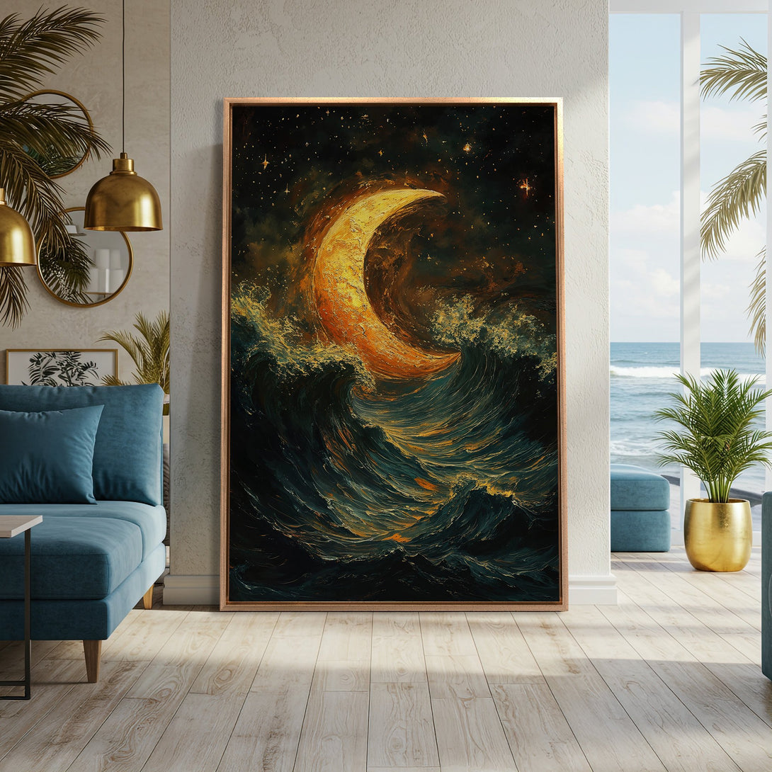 Framed Wall Art featuring a celestial moon over ocean waves. Dramatic, expressive style with warm gold and deep teal color palette. Perfect for coastal decor!