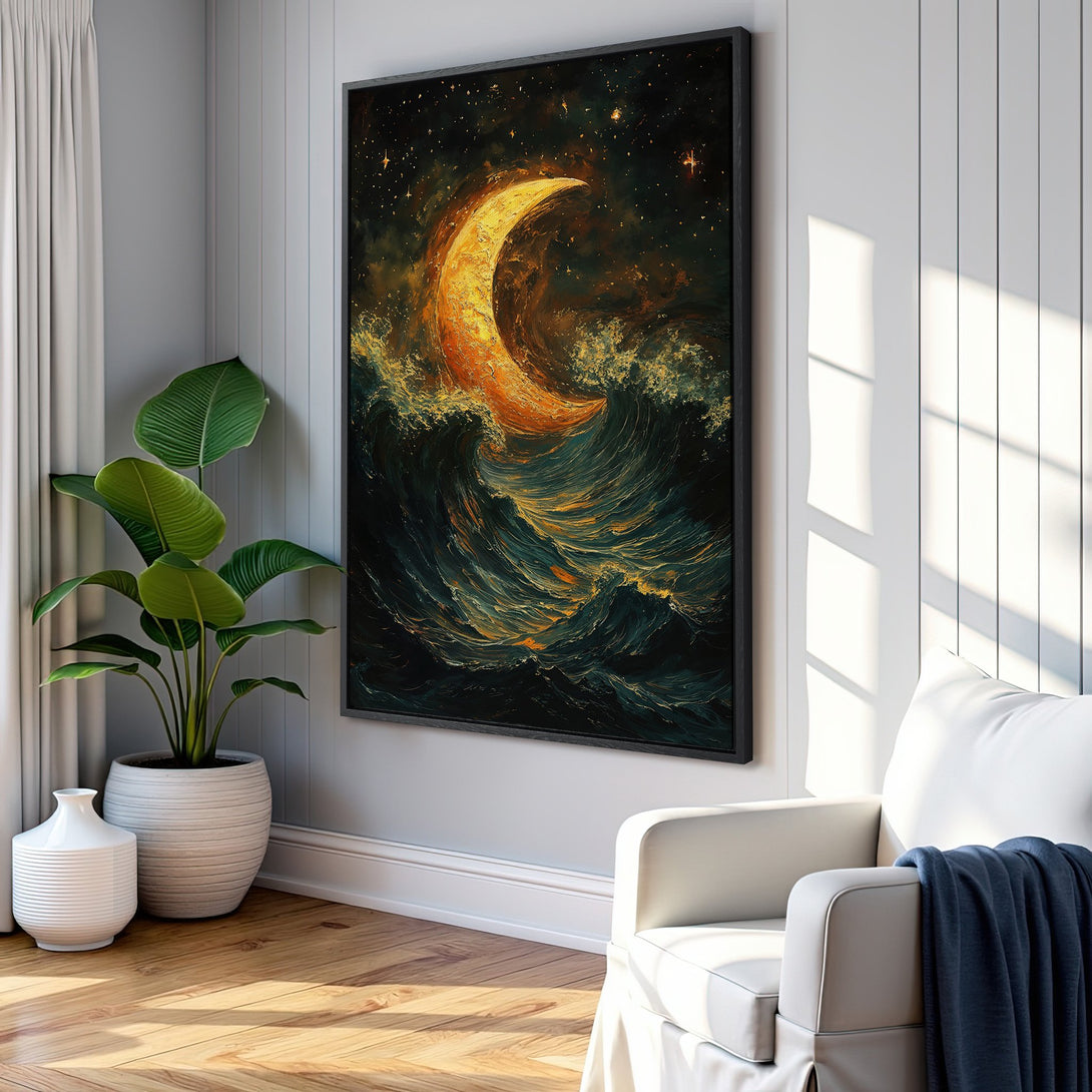 Framed Wall Art: Dramatic moon over ocean canvas print in a moody, painterly style. Features a warm, golden and teal color palette, perfect for any space.