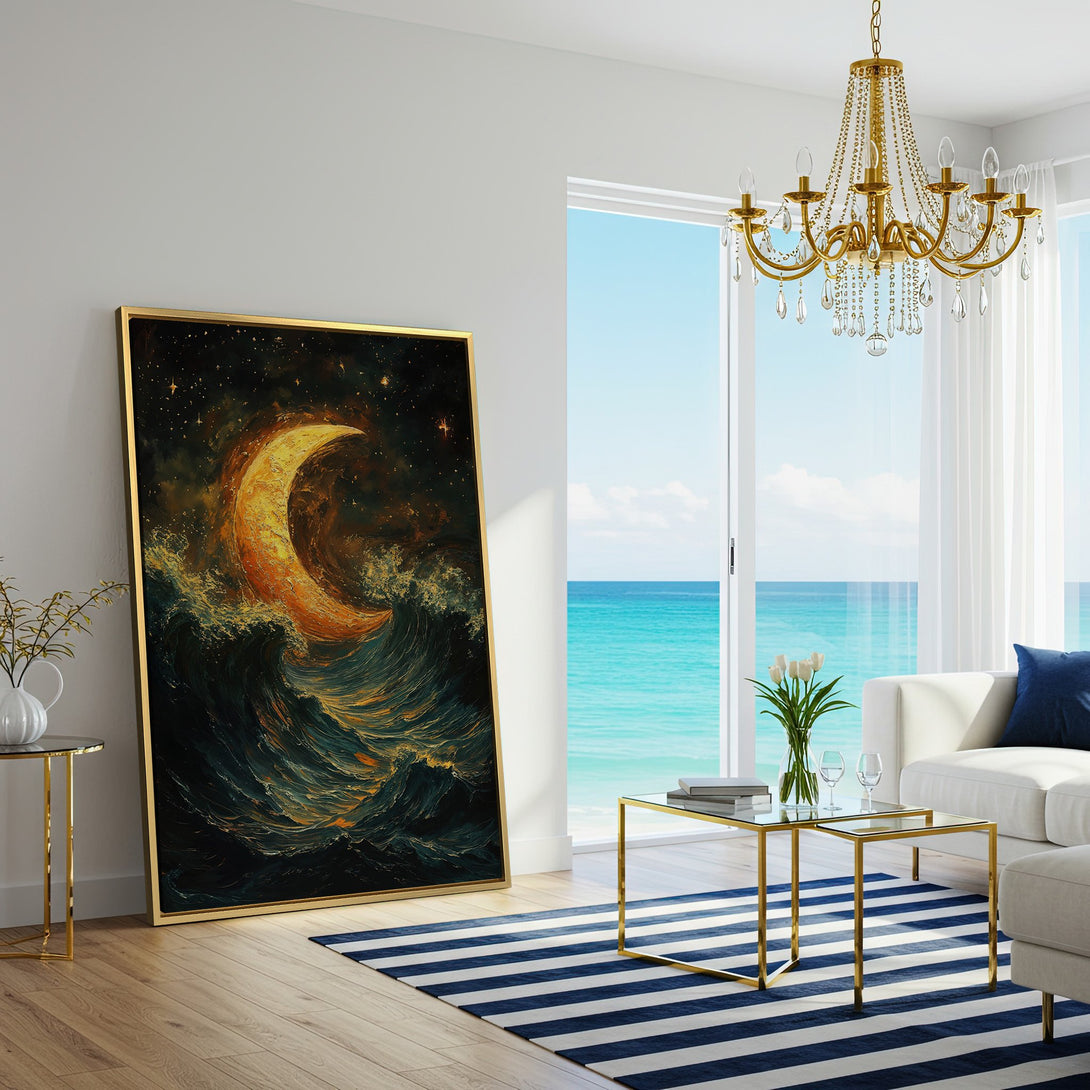 Canvas Print of a crescent moon over ocean waves, impressionistic style, warm gold and teal color palette, perfect for living room decor.