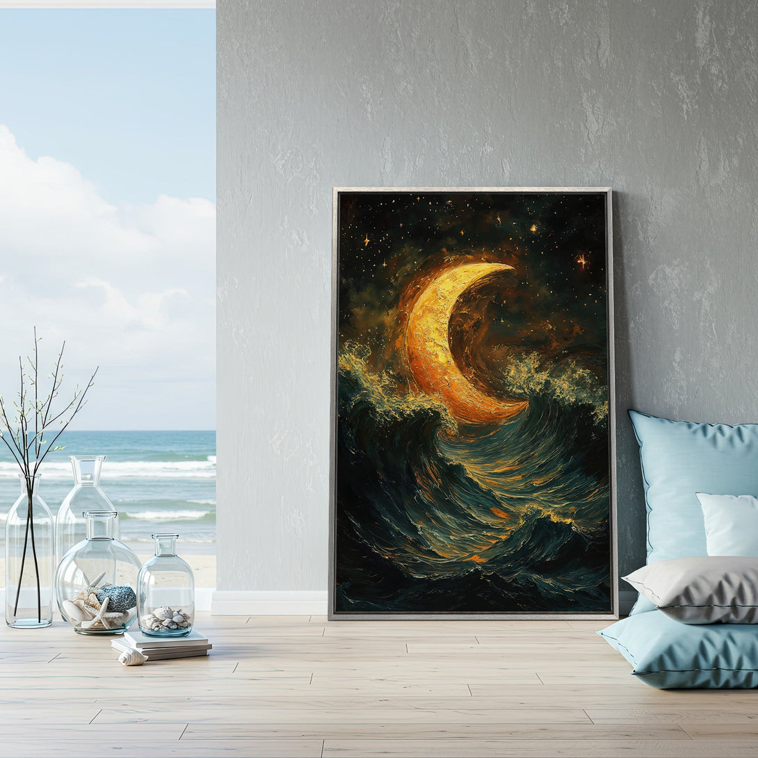 Framed Wall Art featuring a celestial moon over ocean waves, stunning artwork in a dark, moody color palette. Perfect for coastal decor!